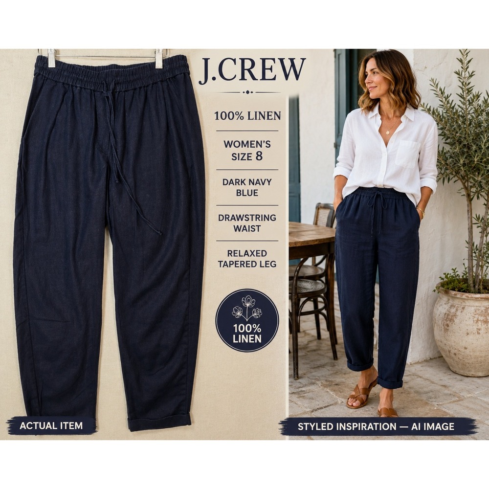 J.Crew Navy Blue Linen Blend Drawstring Pull On Pants‎ Size 8 Minimalist,Preppy